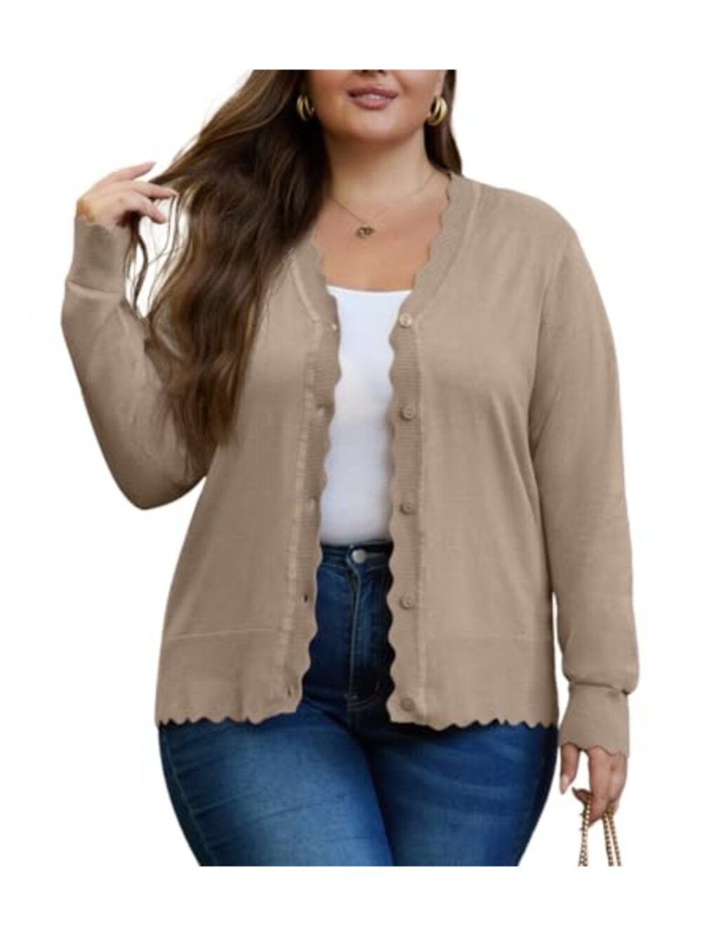 Plus Size Knit Cardigan Open Front Button Down V-Neck Long Sleeve Casual Sweater